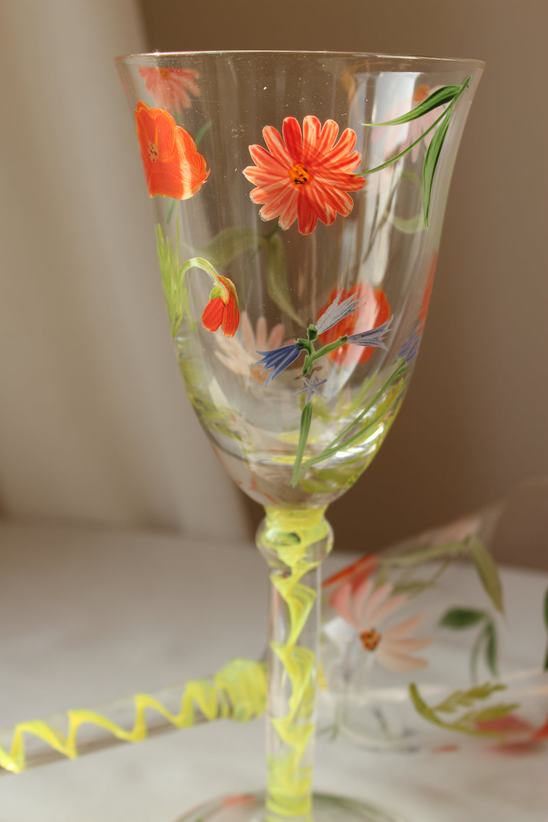 Vintage - 'Flower' Vinglas, håndmalet