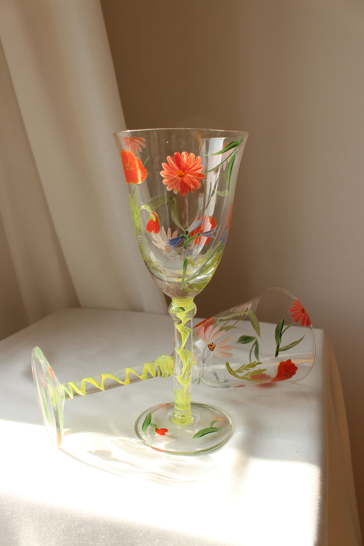 Vintage - 'Flower' Vinglas, håndmalet