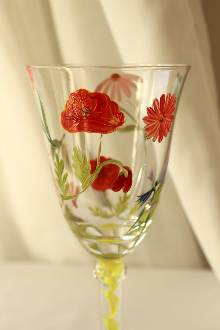 Vintage - 'Flower' Vinglas, håndmalet